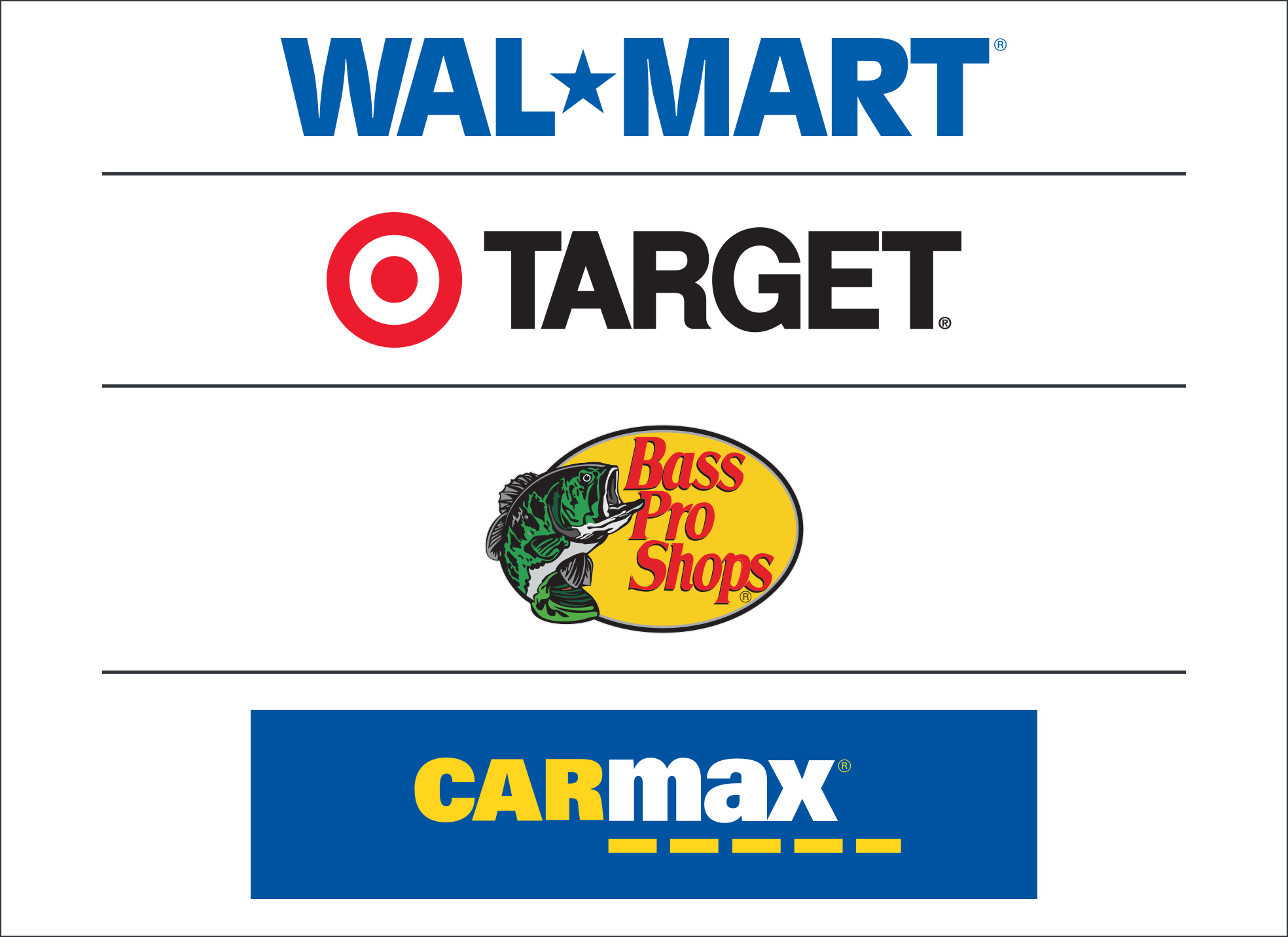 WestLAND's Group Commercial Retail Image - Shows WalMart, Target, Bass Pro Shop and Carmax logos stacked.